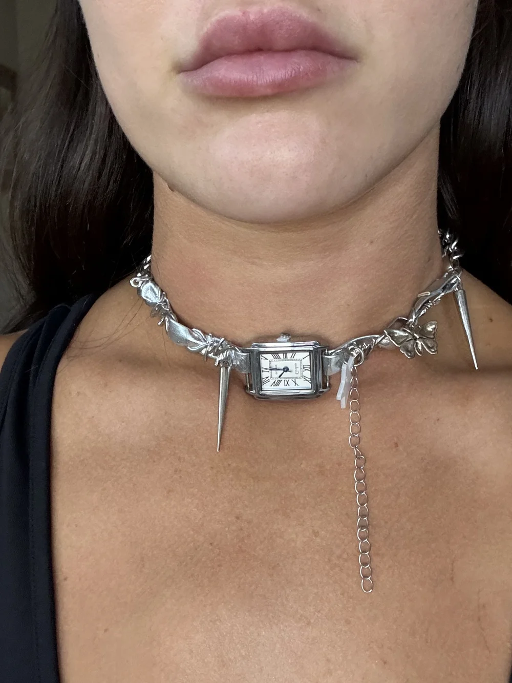 Silver Spike Watch Choker Necklace with Square Face